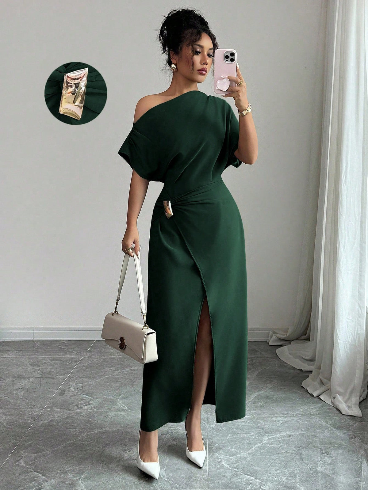 Off-Shoulder Bodycon Maxi Dress in Dark Green – view 10 of 10
