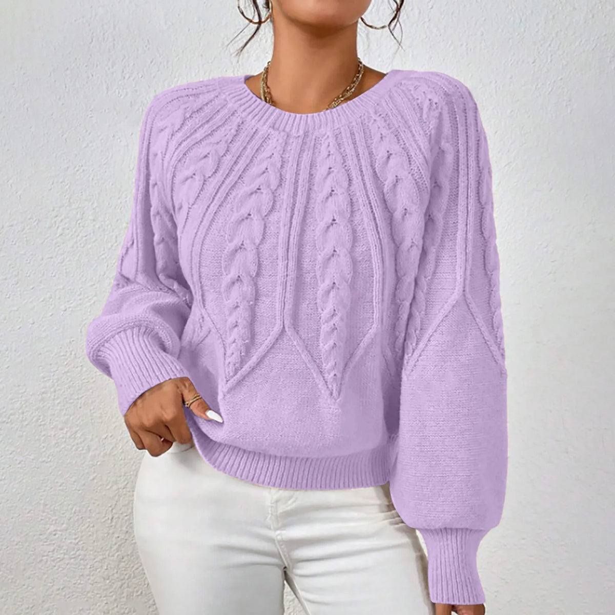 Cable Knit Puff Sleeve Crewneck Sweater – view 20 of 20
