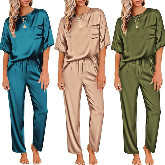 Satin Short-Sleeve Pajama Set with Long Pants - view 1