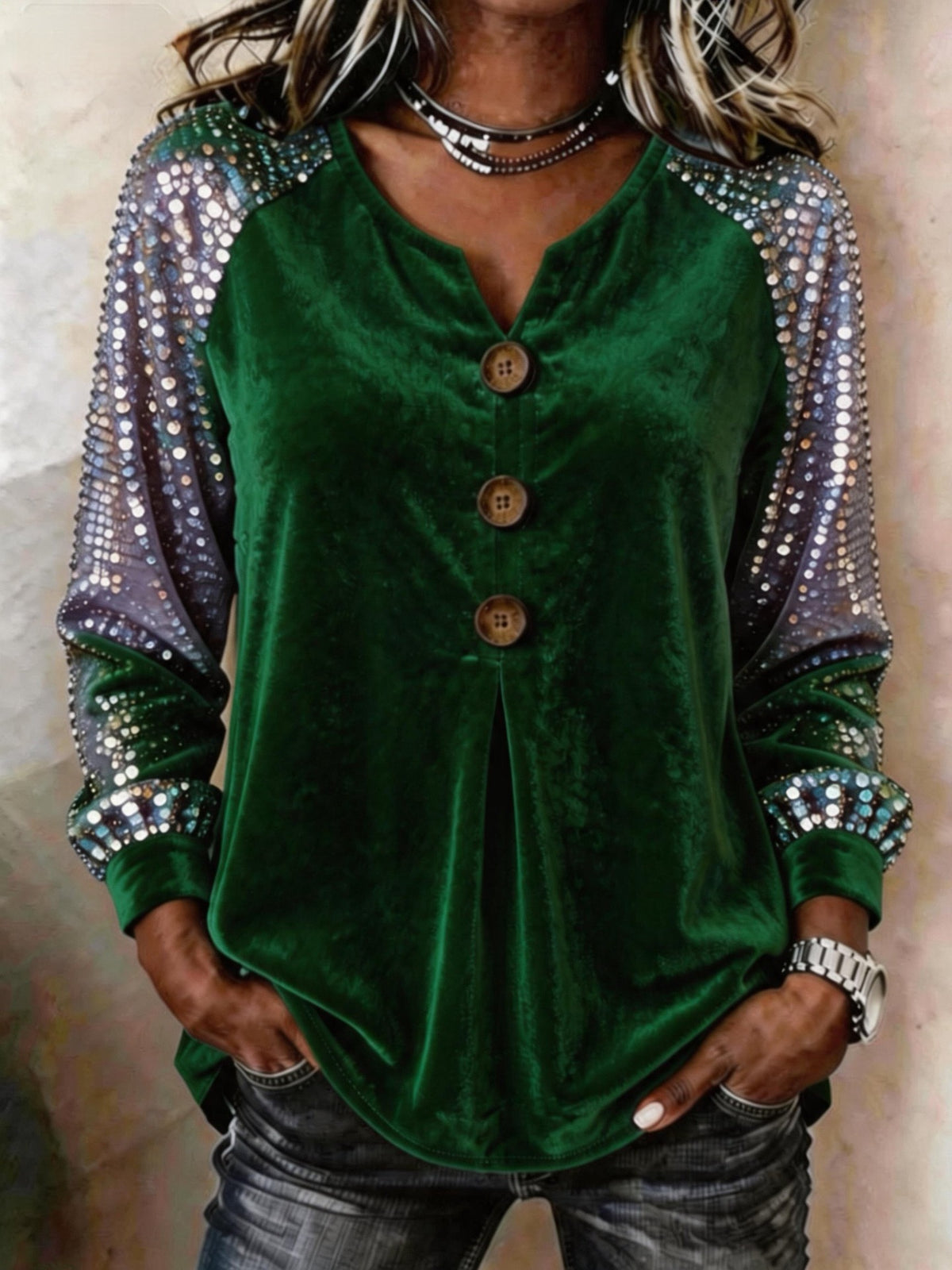 Sequin Long-Sleeve Button Top - view 1