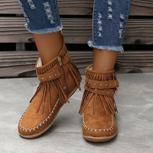 Rivet Tassel Flat Ankle Boots – main view | My Dressing Room