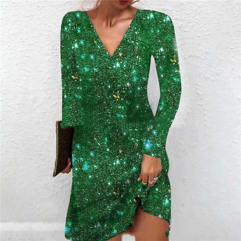 Sequined V-Neck Long Sleeve Dress in Green – view 12 of 14