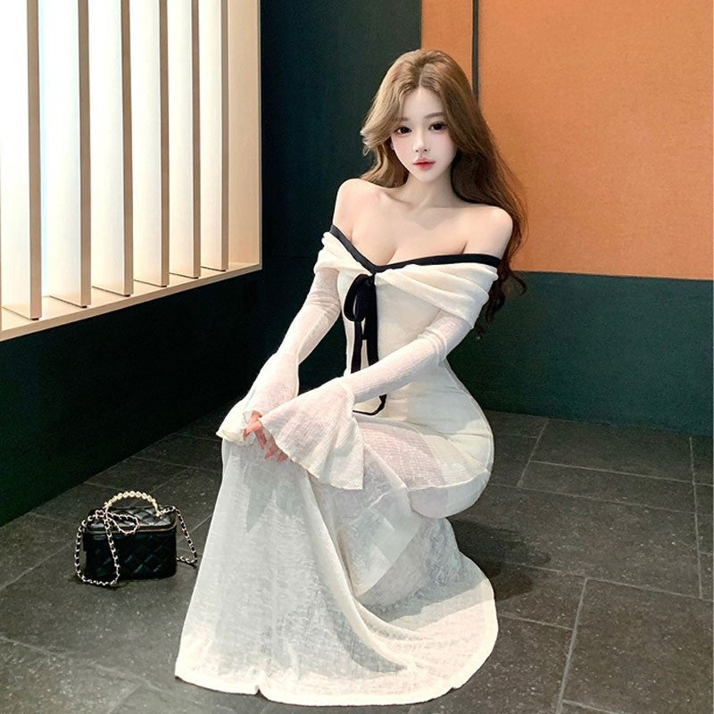 Off-Shoulder Flared Sleeve Bodycon Dress in White – view 3 of 5
