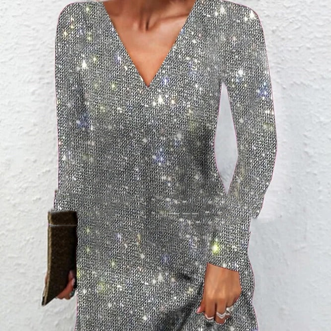 Sequined V-Neck Long Sleeve Dress – view 8 of 14