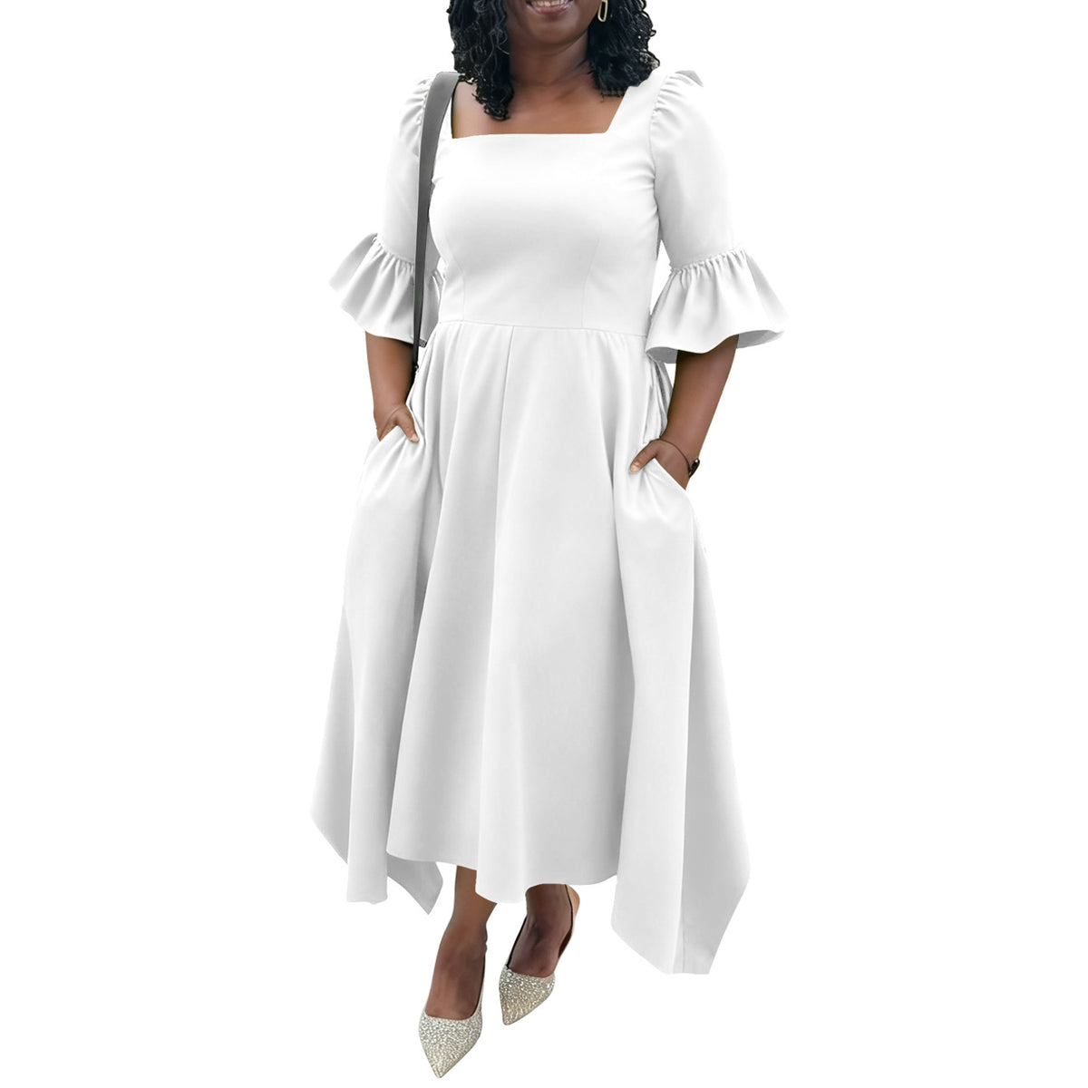 Ruffled Sleeve Pocket Knit Dress in White – view 5 of 8