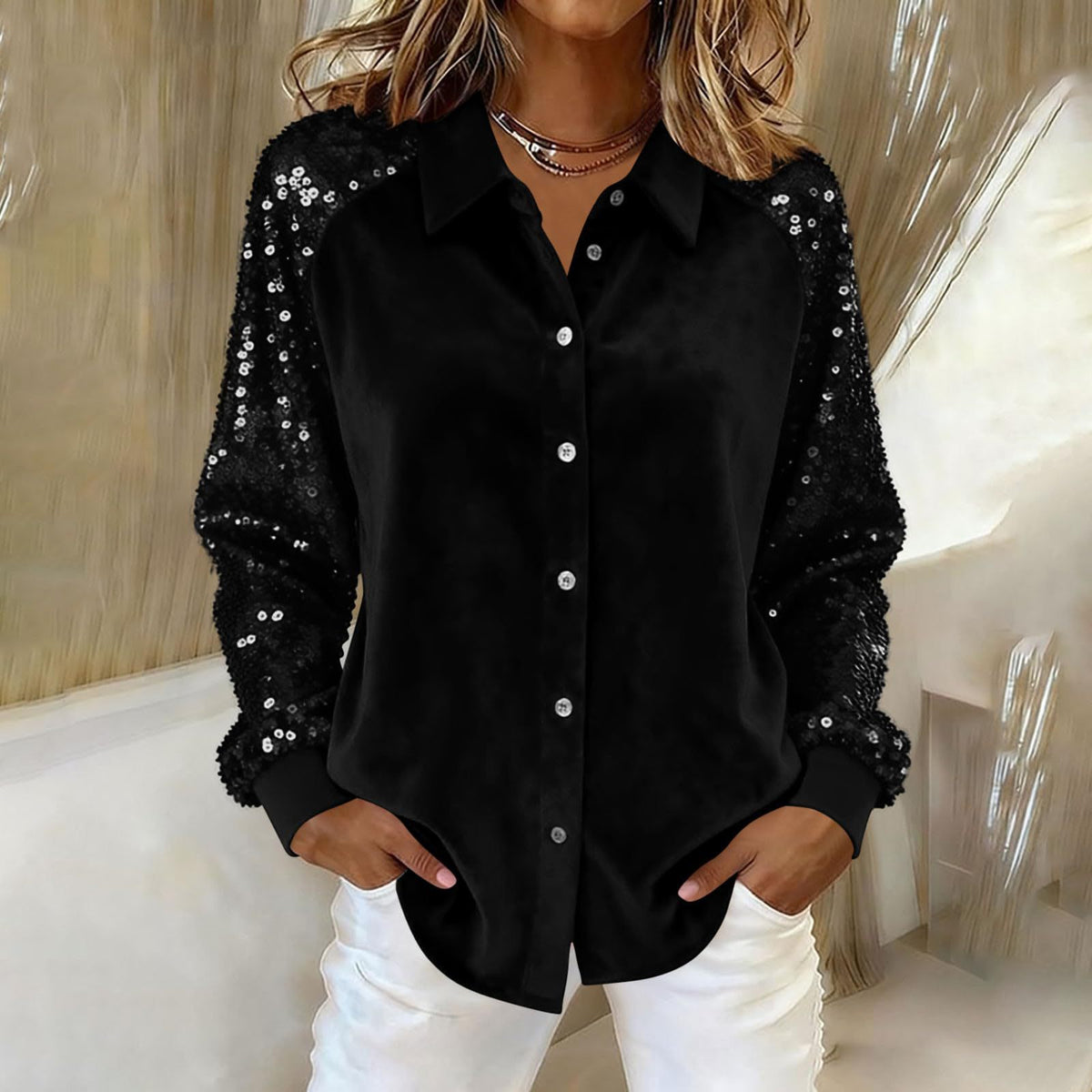 Sequin Long-Sleeve Button Blouse - view 4