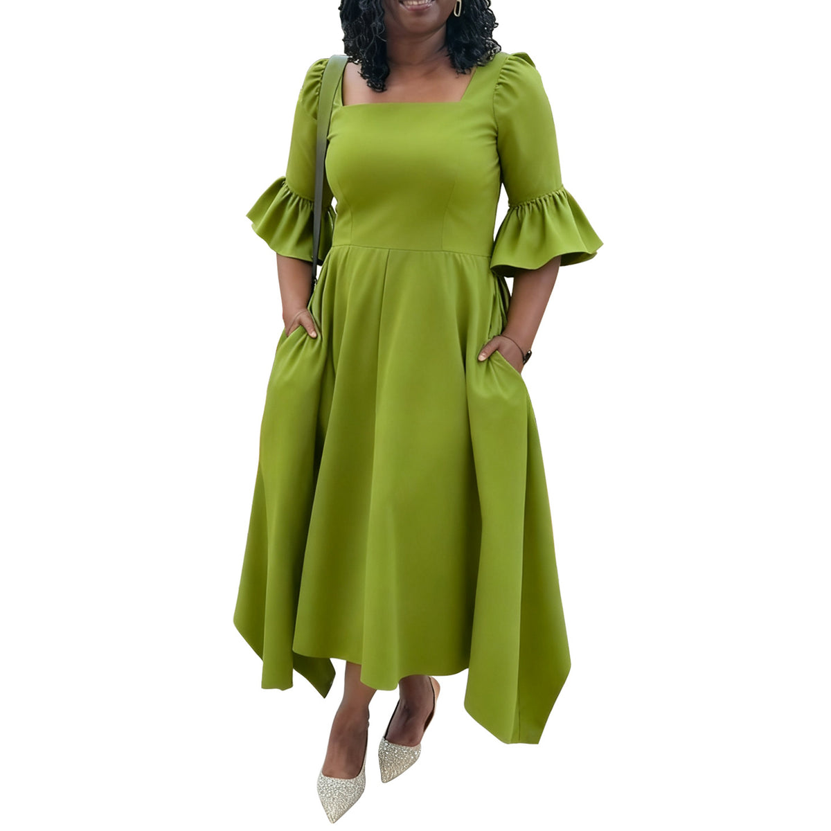 Ruffled Sleeve Pocket Knit Dress in Green – view 3 of 8