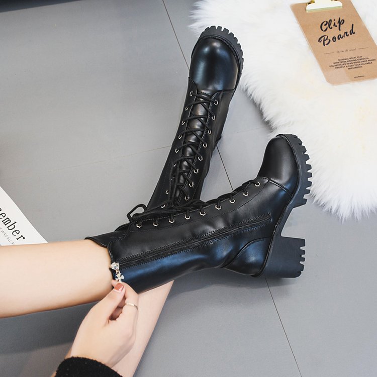 Chunky Lace-Up Mid-Calf Moto Boots - view 4