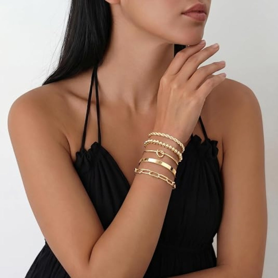 Gold Bracelet Set For Women, 14K Gold Plated Chunky Cuff & Stackable Bangles, Waterproof Fashion Jewelry – view 3 of 4 | My Dressing Room