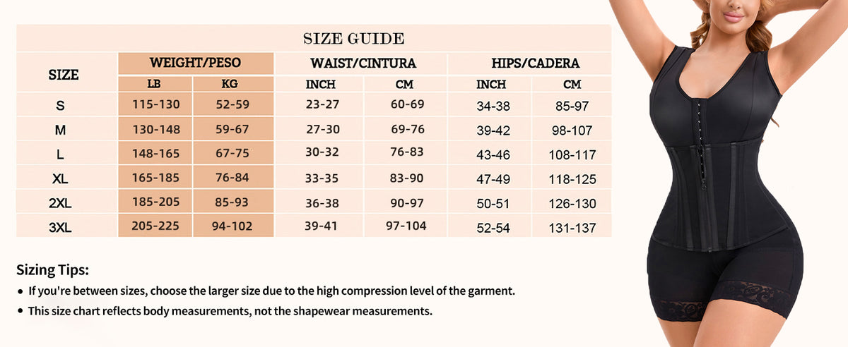 Faja size guide by weight, waist and hips