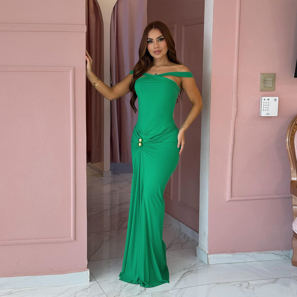 Pleated Strapless Maxi Dress in Green – view 5 of 9