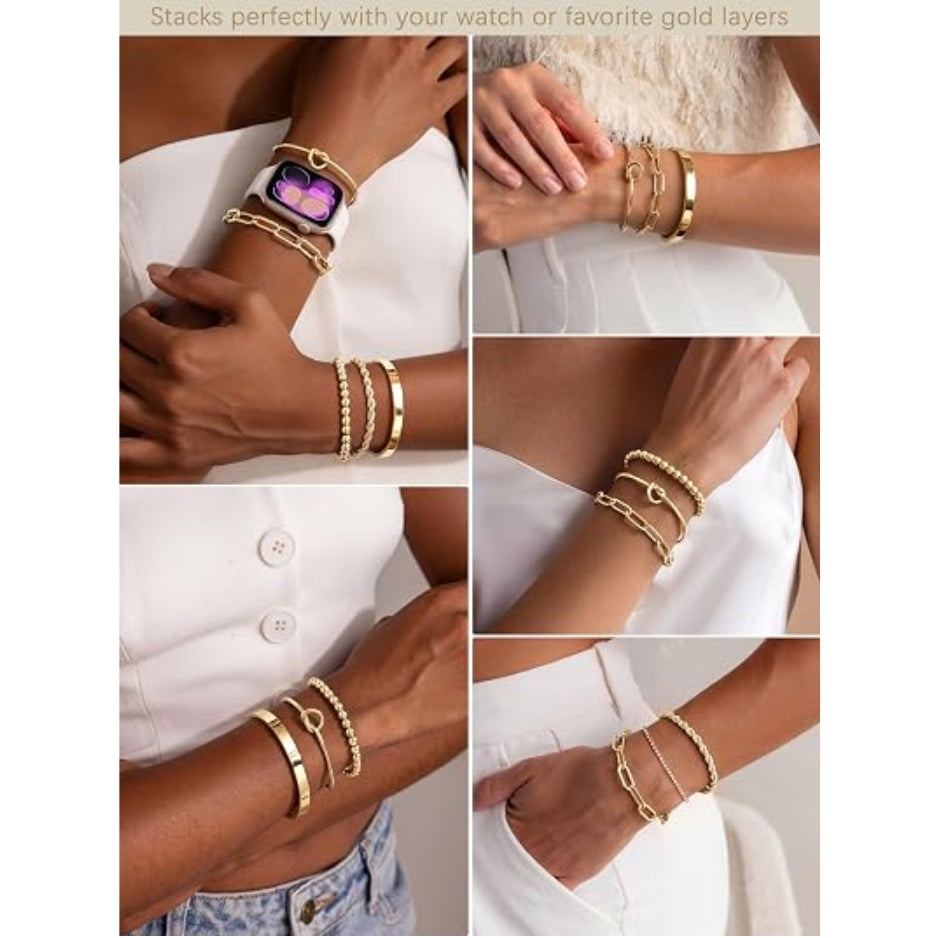 Gold Bracelet Set For Women, 14K Gold Plated Chunky Cuff & Stackable Bangles, Waterproof Fashion Jewelry – view 2 of 4 | My Dressing Room