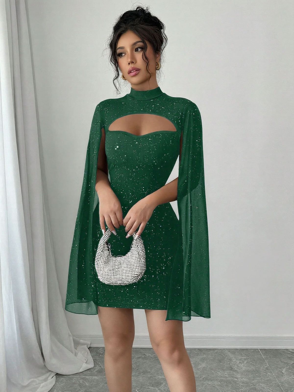 Ribbed Cape Bodycon Mini Dress in Dark green – view 8 of 10