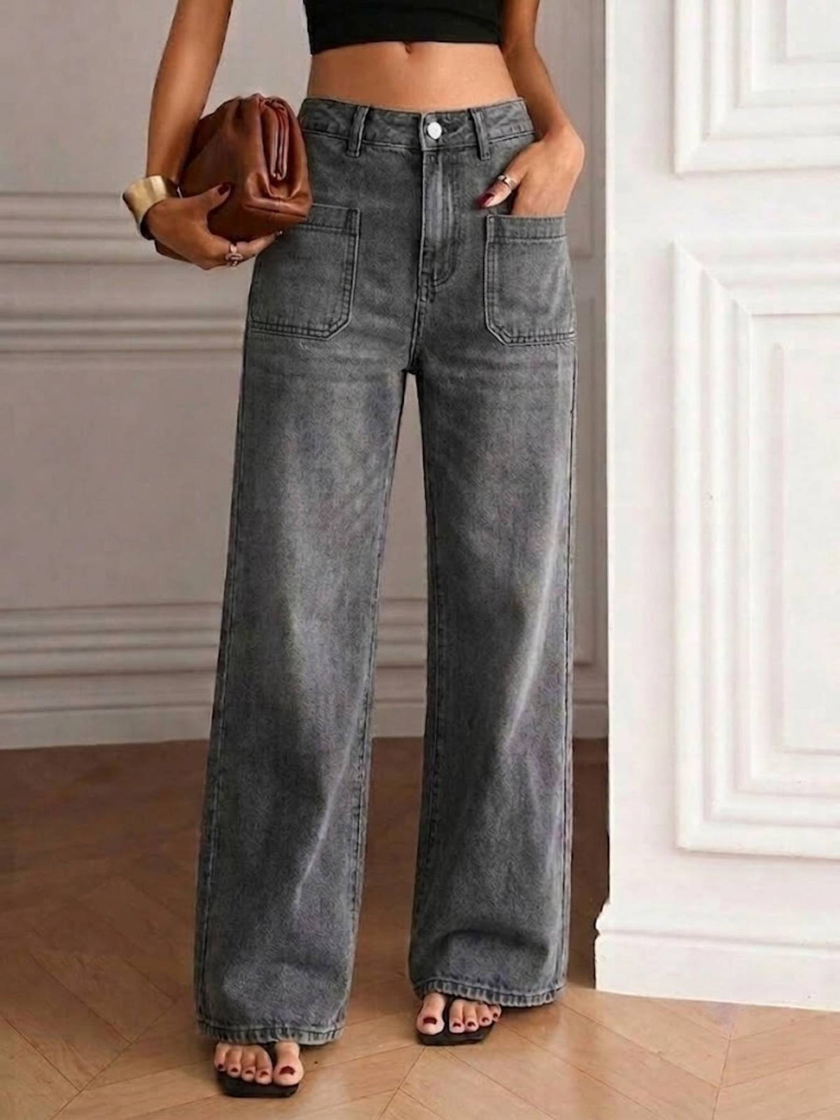 Gray High-Waist Wide-Leg Jeans – main view | My Dressing Room
