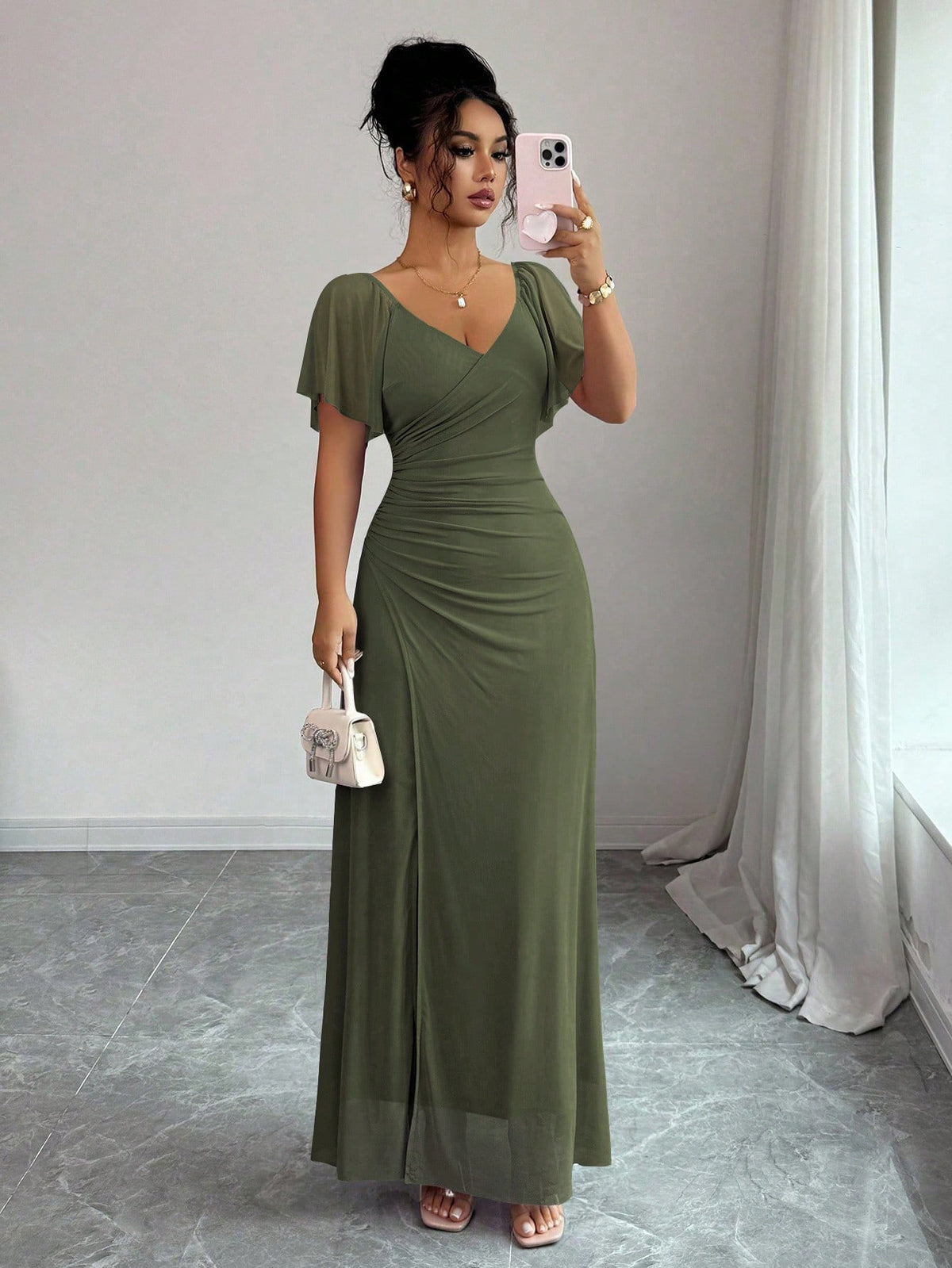 Flutter Sleeve Pleated Sheath Dress in Green – view 2 of 12
