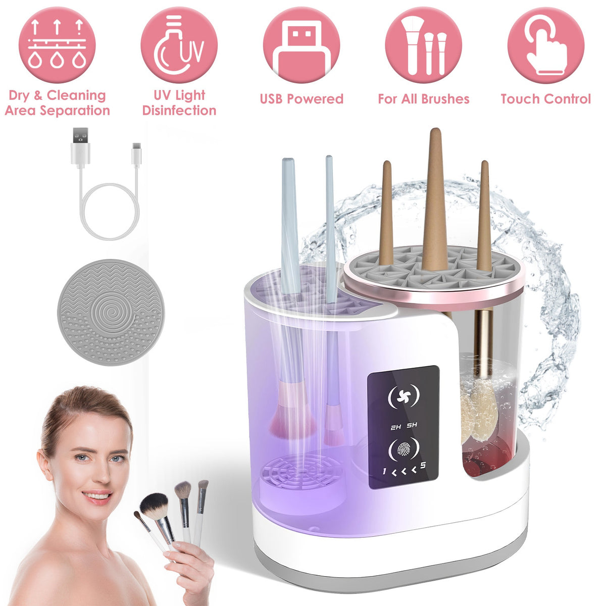 4 In 1 Electric Makeup Brush Cleaner USB Powered Automatic Brush Blender Machine With Timer Digital Display Cleaning Drying UV Disinfection Brush Storage For All Types Of Brushes Valentines Day Gift – main view | My Dressing Room