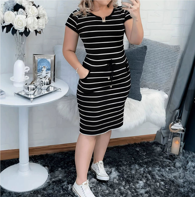 Striped Drawstring Bodycon Mini Dress in Black – view 3 of 6