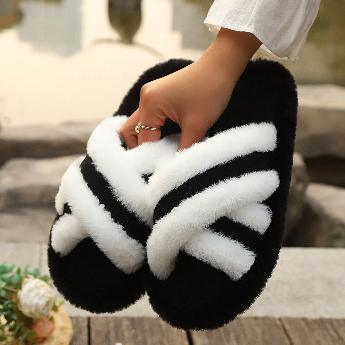 Fluffy Cross-Strap Platform Slippers - view 1