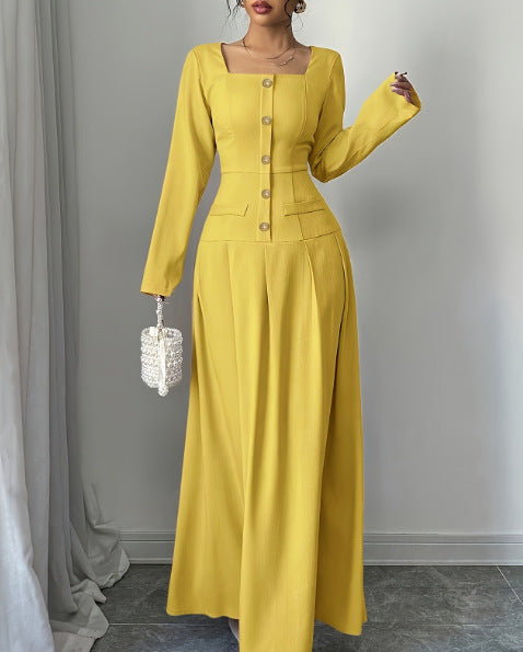 Pleated Puff-Sleeve Maxi Dress in Yellow – view 5 of 6