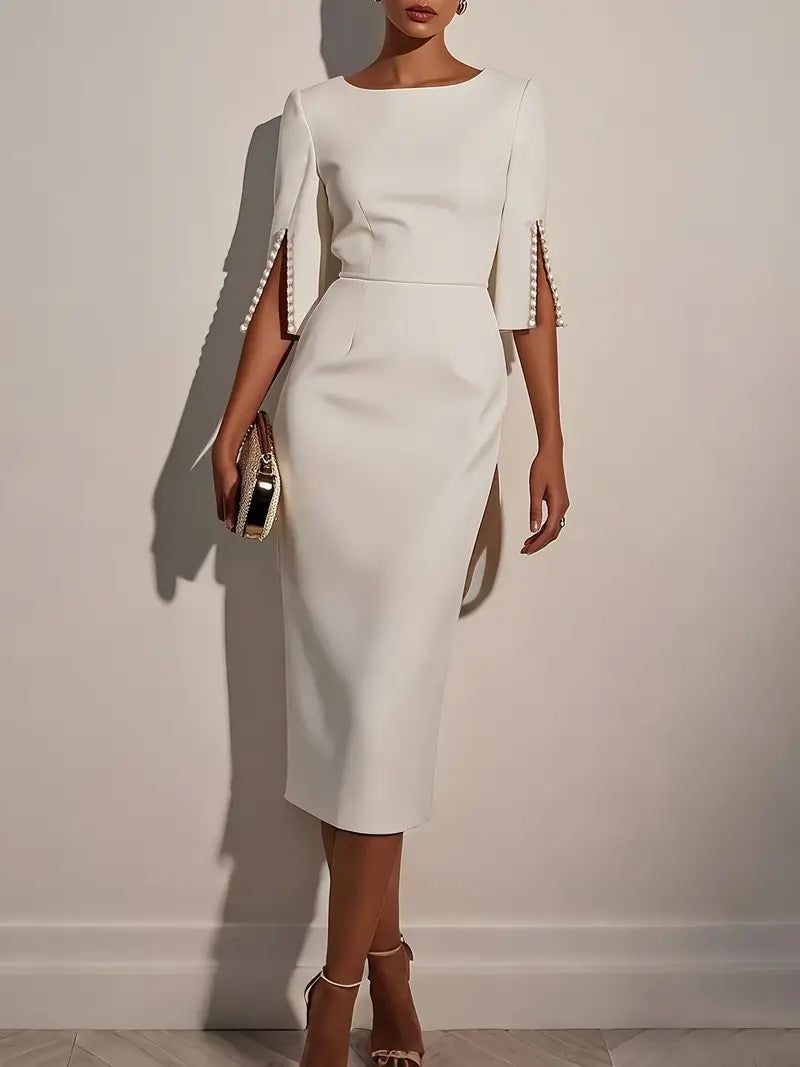 Beaded Half-Sleeve Work Dress in White – view 4 of 10