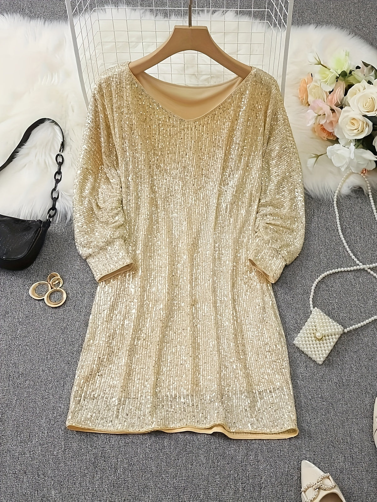 Long-Sleeve V-Neck Sequin Bodycon Dress - view 2