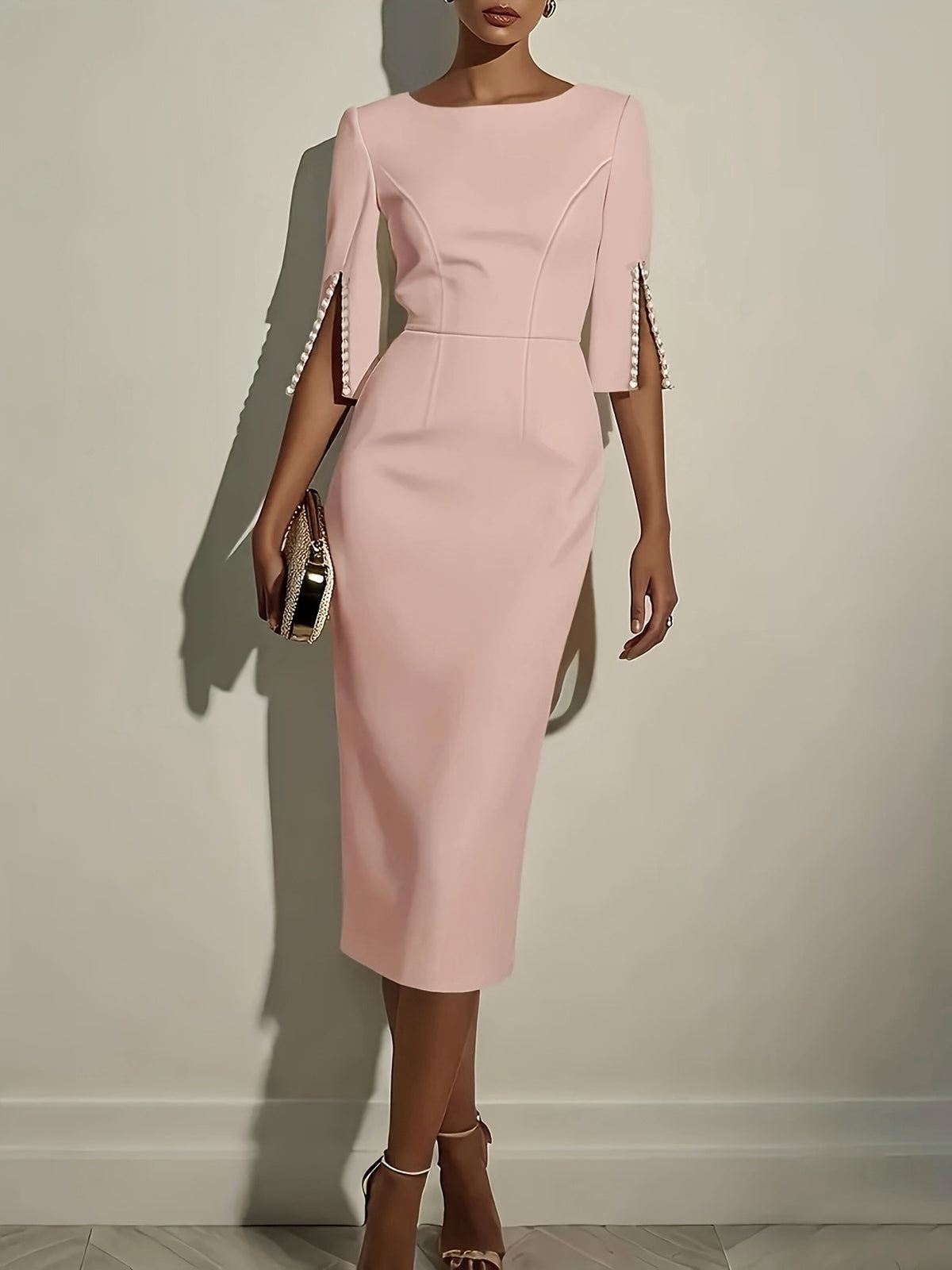 Beaded Half-Sleeve Work Dress in Pink – view 9 of 10