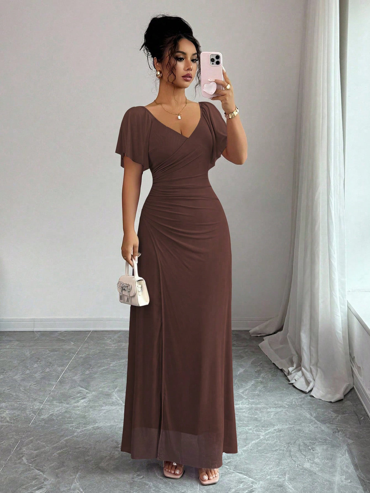 Flutter Sleeve Pleated Sheath Dress in Brown – view 3 of 12