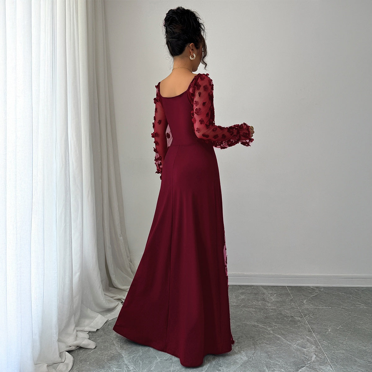 Floral Long Sleeve Midi Dress in Wine Red – view 6 of 8