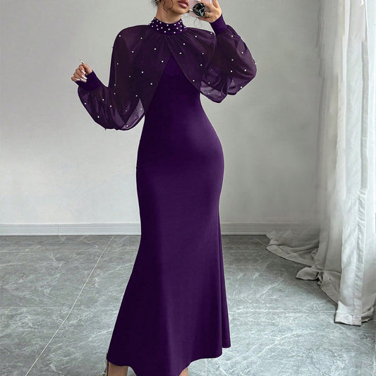 Solid Patchwork Long Sleeve Bodycon Dress in Dark Purple – main view