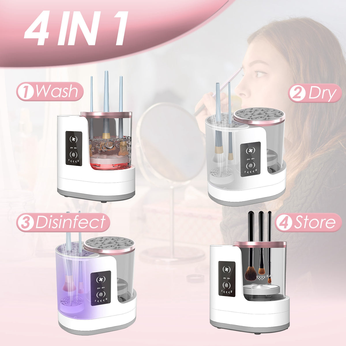 4 In 1 Electric Makeup Brush Cleaner USB Powered Automatic Brush Blender Machine With Timer Digital Display Cleaning Drying UV Disinfection Brush Storage For All Types Of Brushes Valentines Day Gift – view 4 of 10 | My Dressing Room
