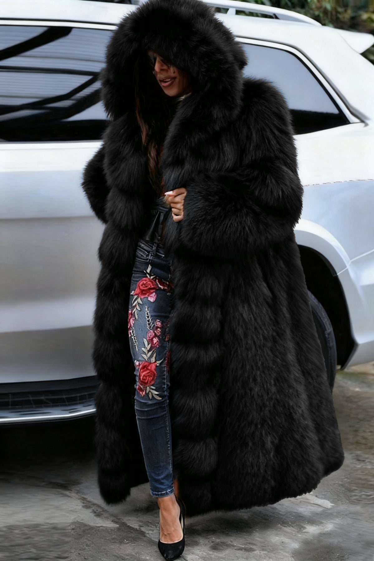 Long Hooded Faux Fur Coat - view 5