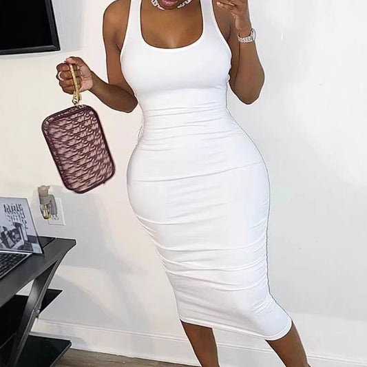 Sleeveless Bodycon Midi Dress in White – main view