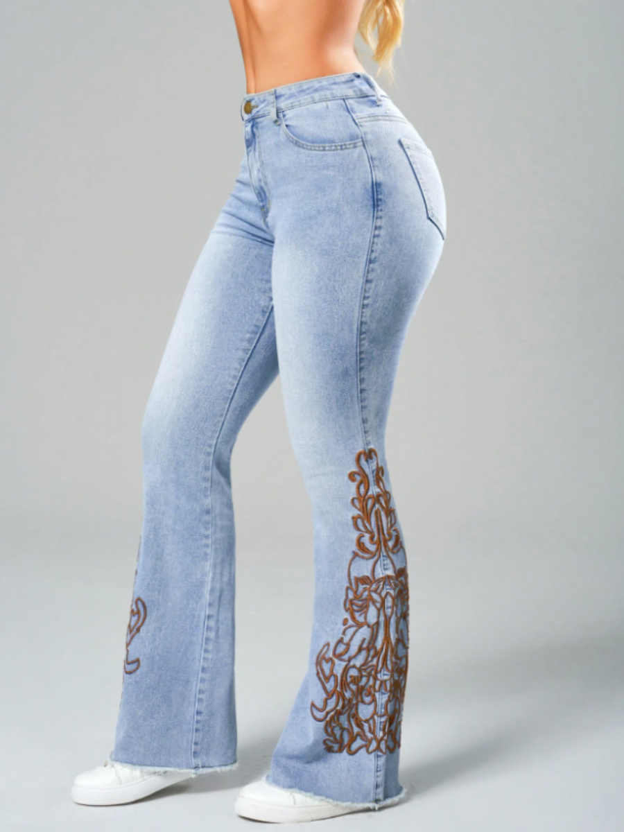 Floral Embroidered Light-Wash Flare Jeans - view 6