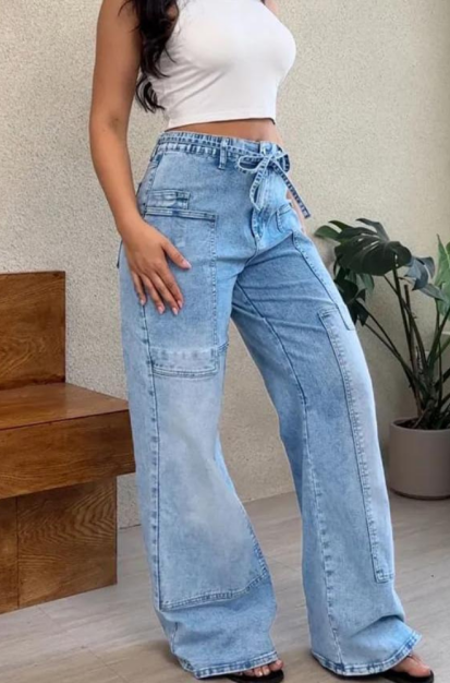 High-Waist Wide-Leg Denim Cargo Jeans - view 2