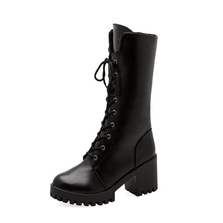 Chunky Lace-Up Mid-Calf Moto Boots - view 3