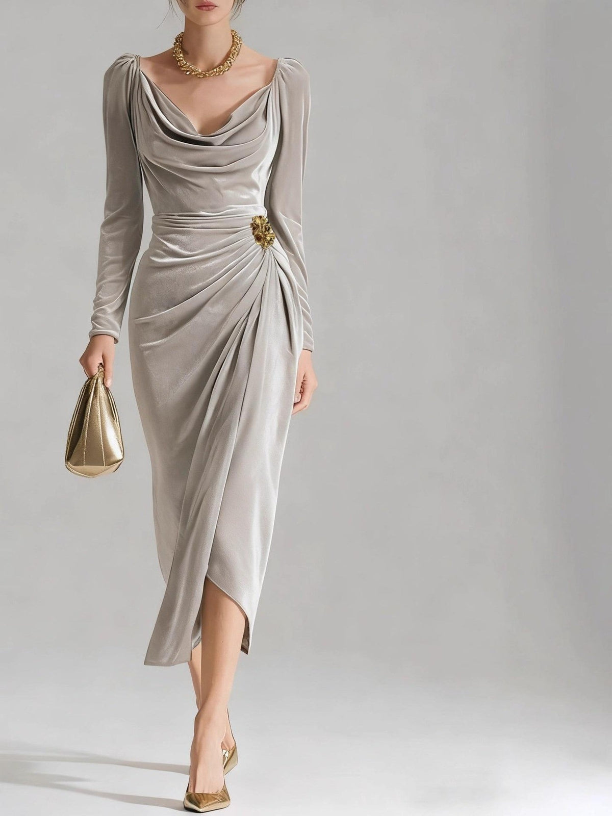 Long-Sleeve Velvet Slit Maxi Dress - view 2