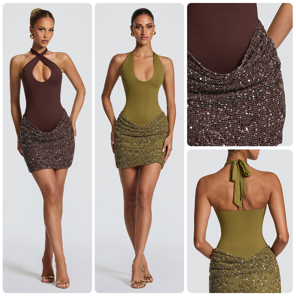Cross-Strap Halter Sequin Dress - view 2