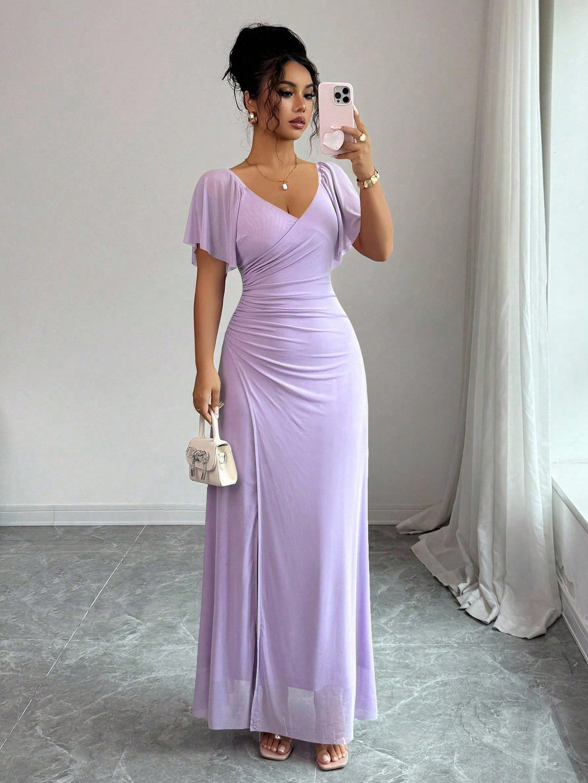 Flutter Sleeve Pleated Sheath Dress in Purple – view 4 of 12