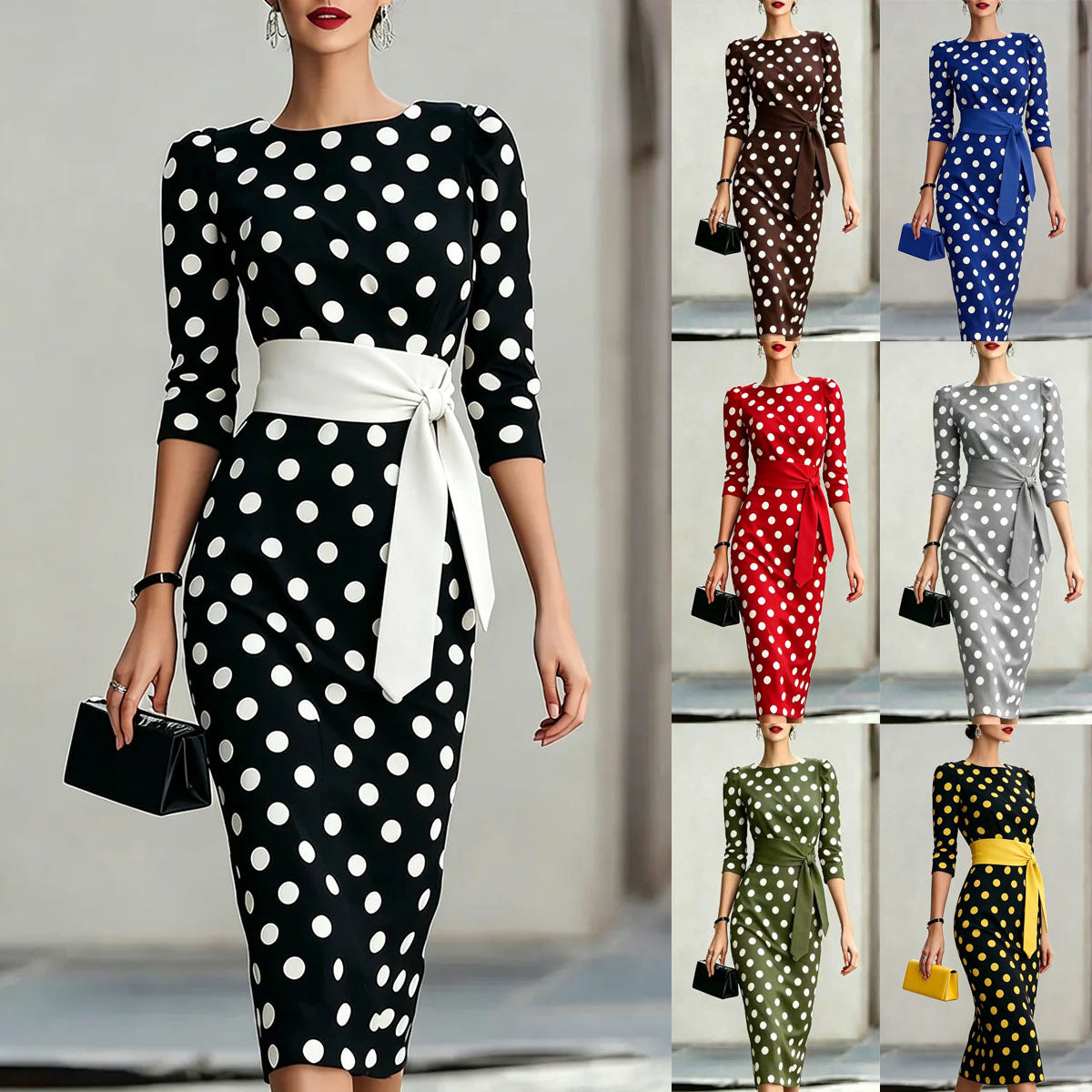 Polka Dot Belted Midi Dress – main view | My Dressing Room