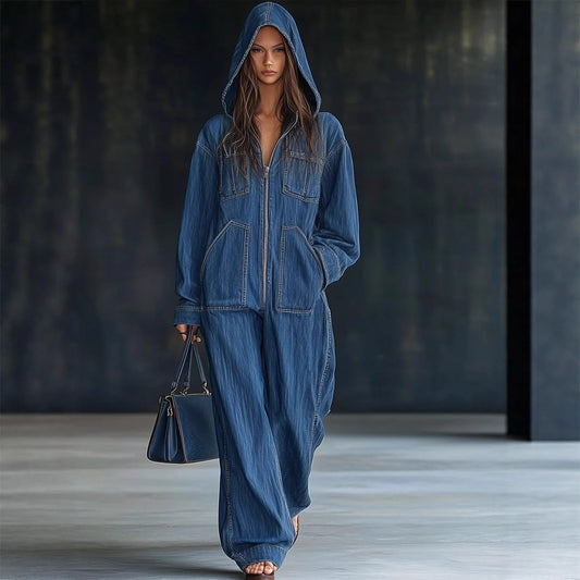 Hooded Denim Overall Jeans – main view | My Dressing Room