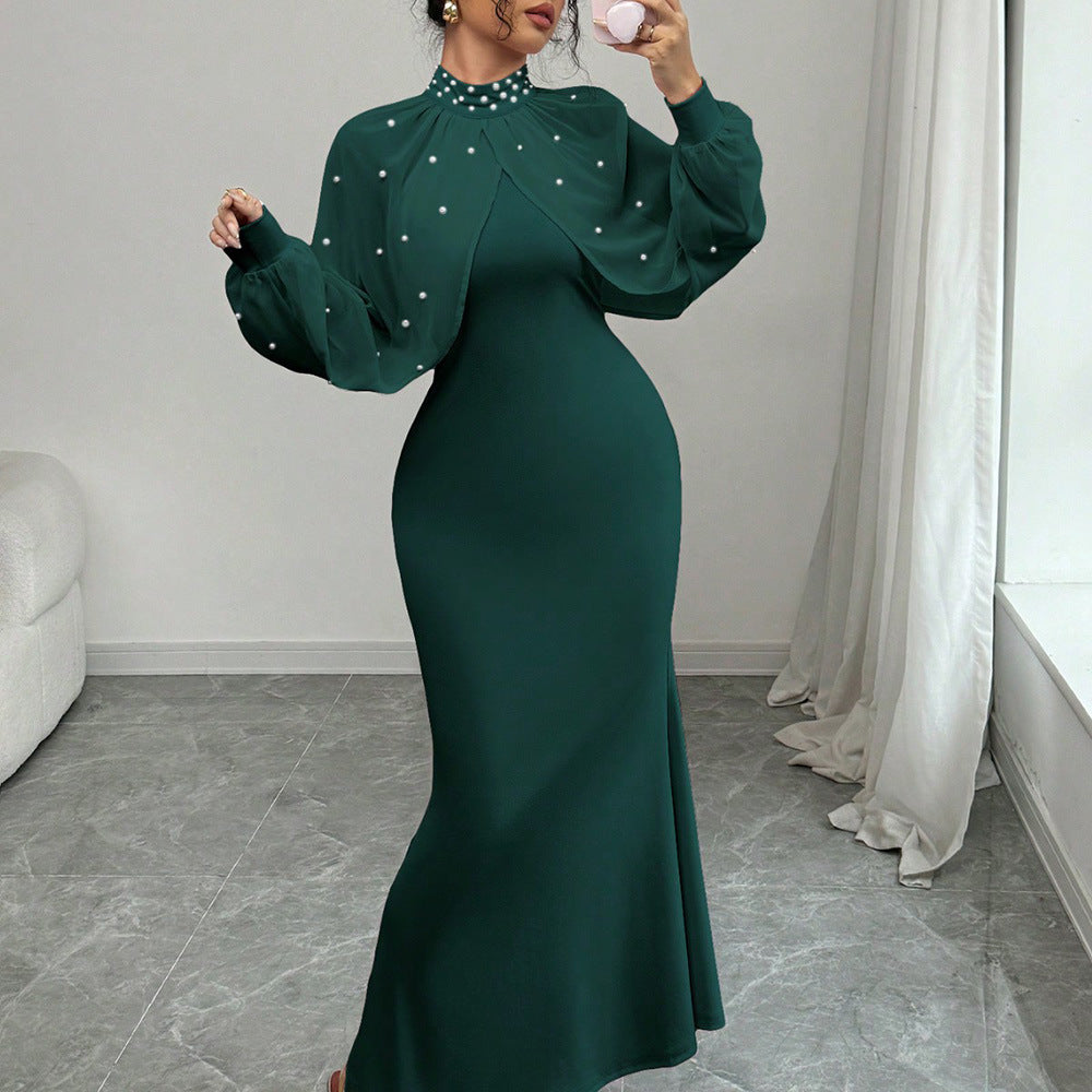 Solid Patchwork Long Sleeve Bodycon Dress in Dark Green – view 3 of 16