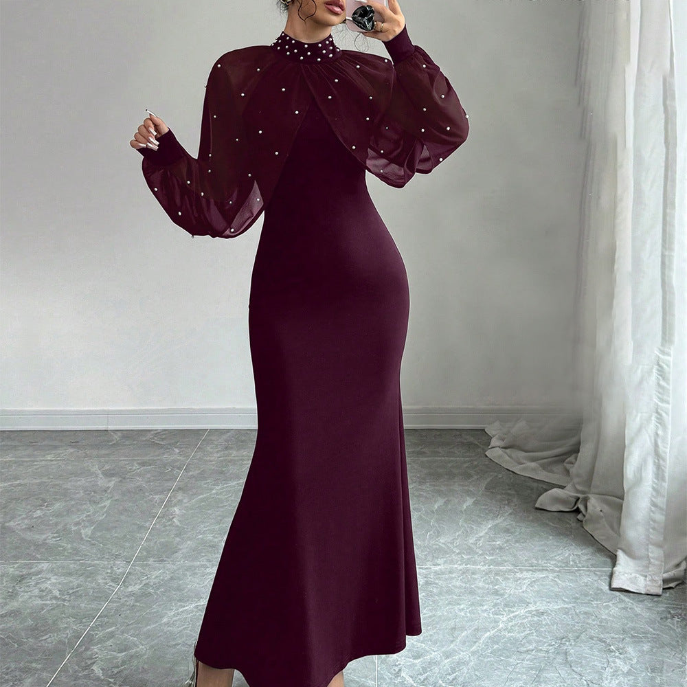 Solid Patchwork Long Sleeve Bodycon Dress in Sauce Fruit Color – view 8 of 16