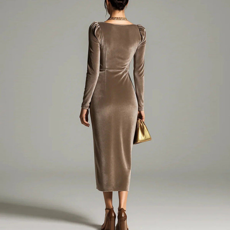 Long-Sleeve Velvet Slit Maxi Dress - view 4