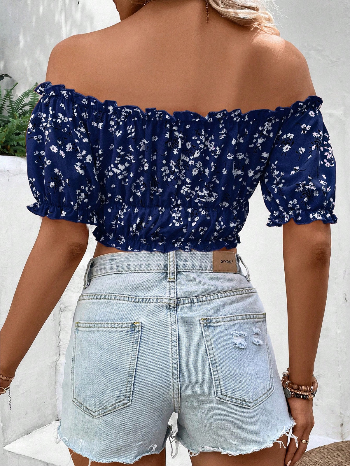 Floral Off-Shoulder Smocked Crop Top - view 4