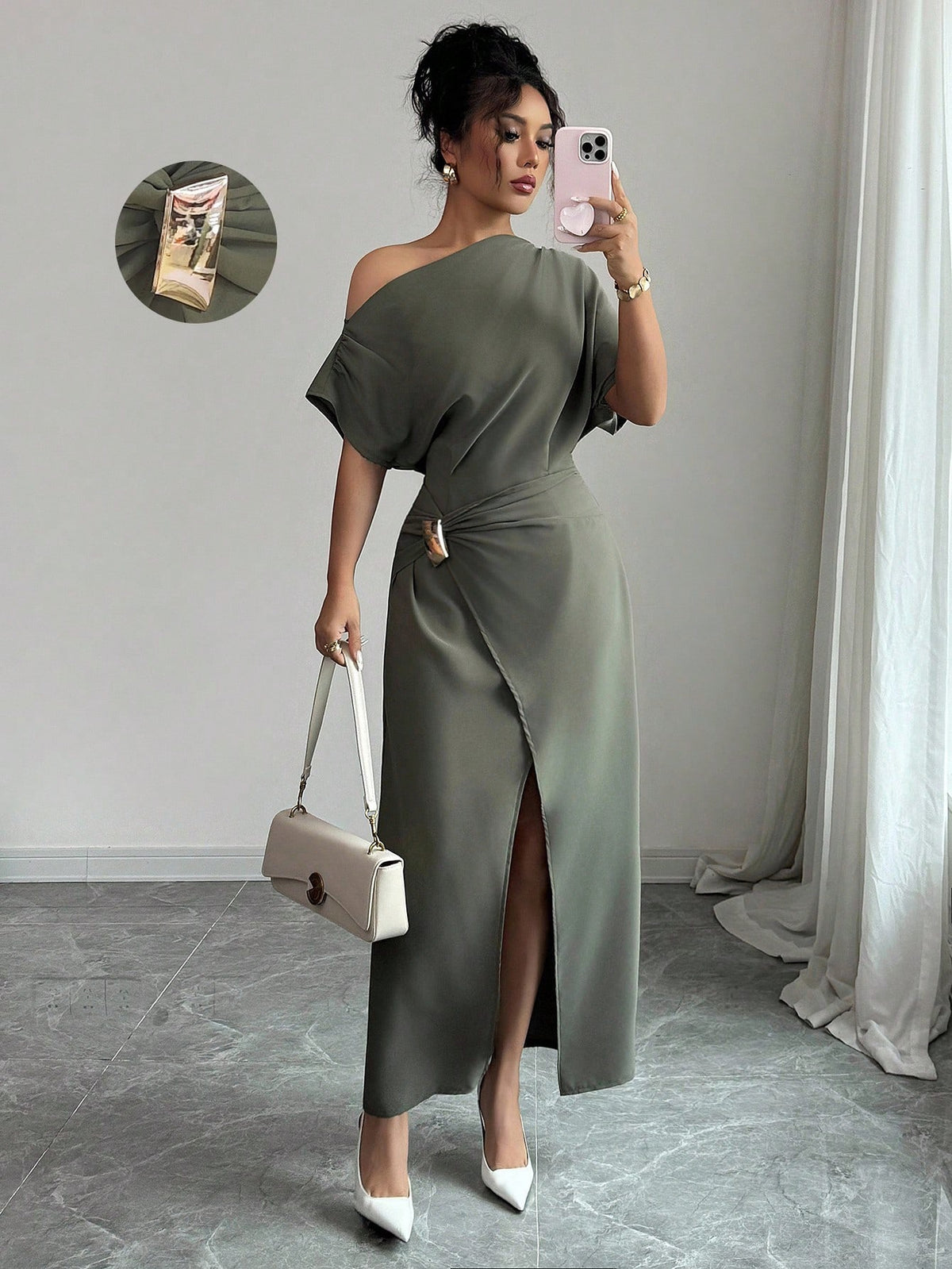 Off-Shoulder Bodycon Maxi Dress in Army Green – view 5 of 10