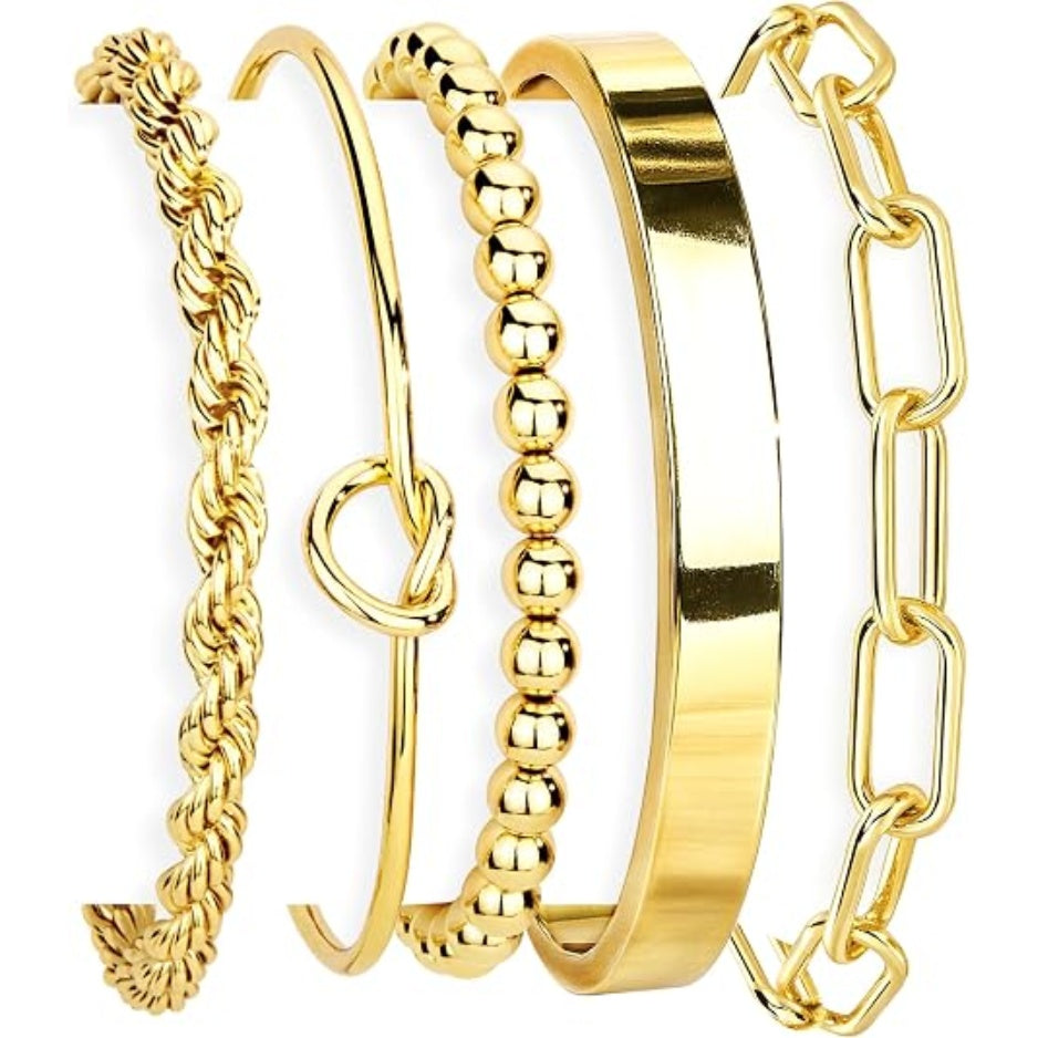 Gold Bracelet Set For Women, 14K Gold Plated Chunky Cuff & Stackable Bangles, Waterproof Fashion Jewelry – main view | My Dressing Room