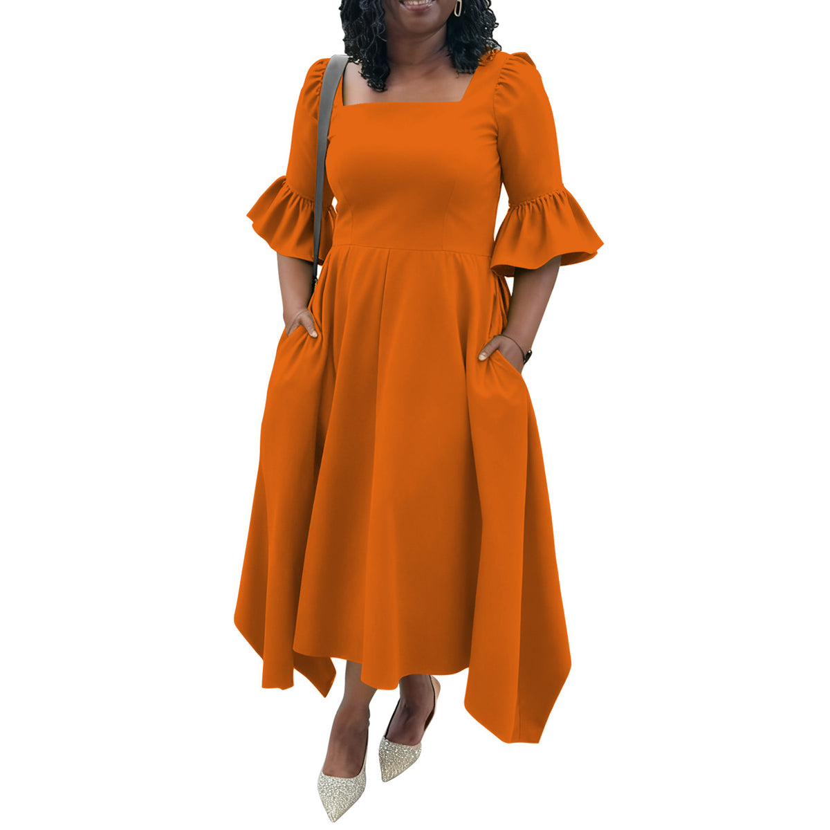 Ruffled Sleeve Pocket Knit Dress in Orange – view 4 of 8
