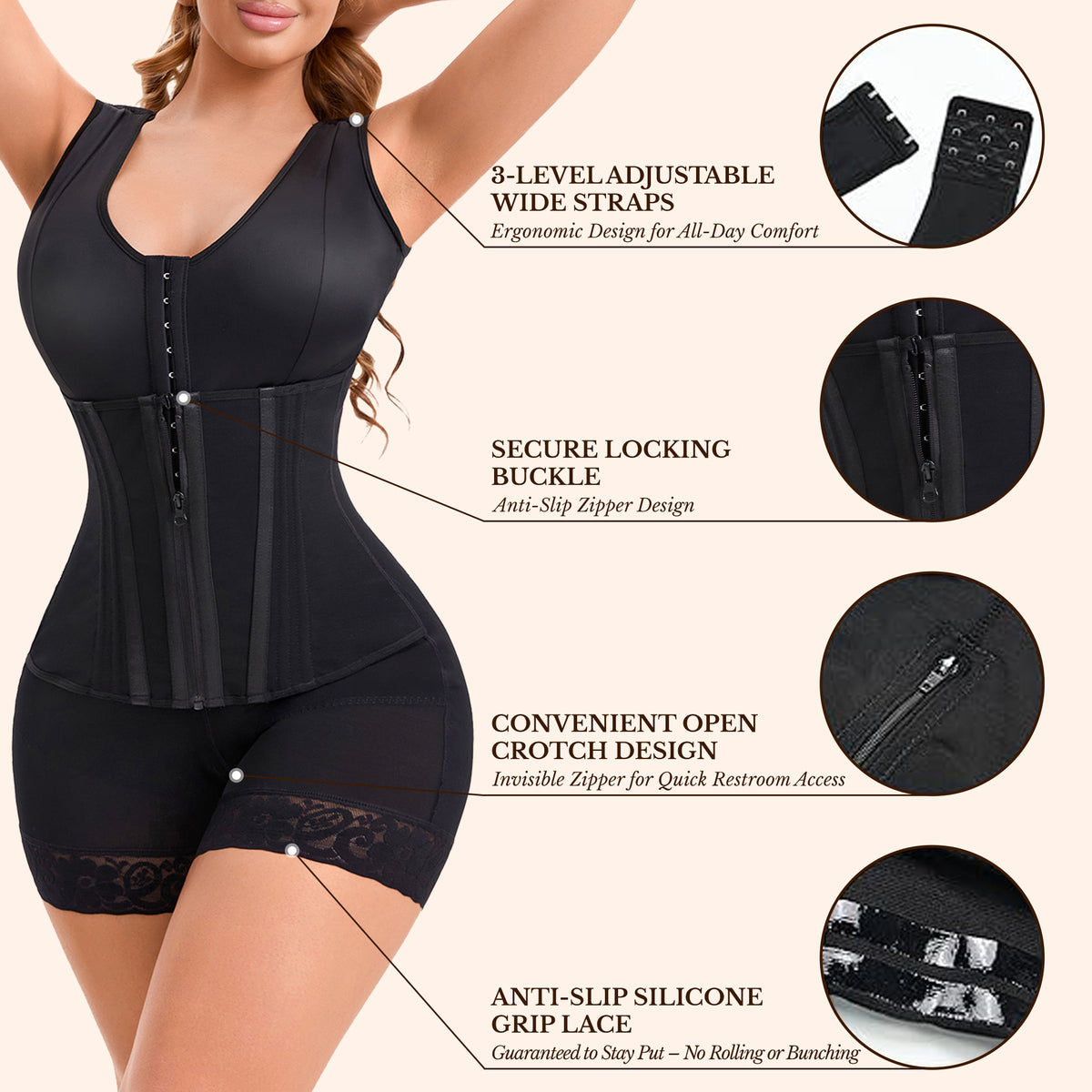 Black faja with adjustable straps, locking zipper, open crotch and silicone lace leg