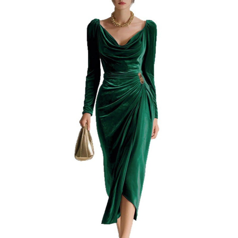 Long-Sleeve Velvet Slit Maxi Dress - view 5