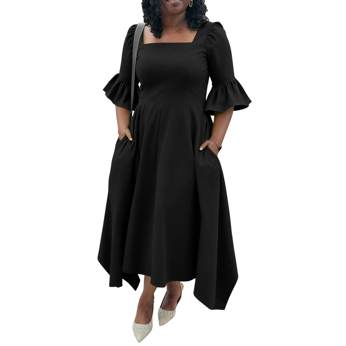 Ruffled Sleeve Pocket Knit Dress in Black – view 6 of 8